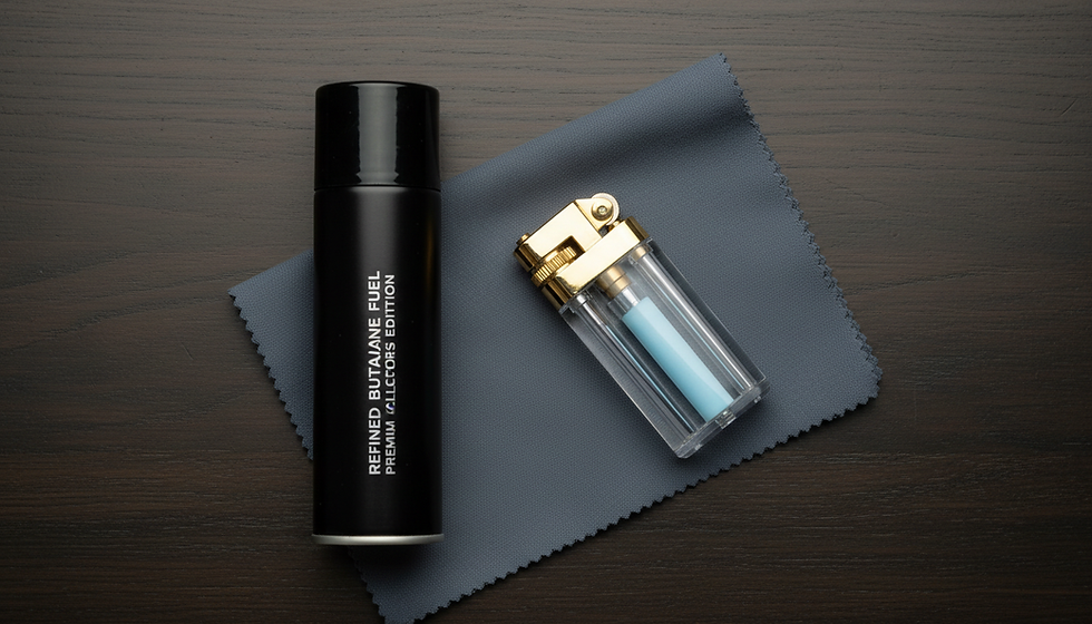 Close-up view of a hand refilling a metal jet lighter with butane on a safe stone surface.