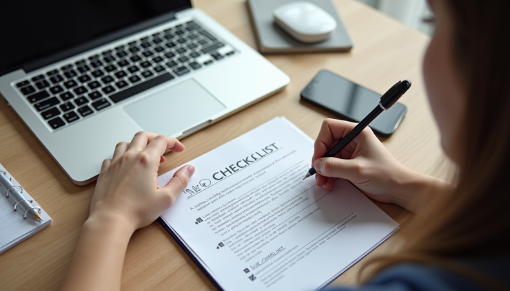 High angle view of a person writing a blog post on a laptop with SEO checklist on paper