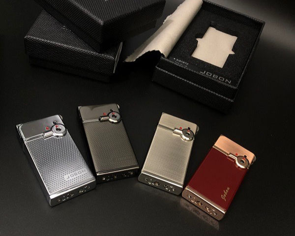 Eye-level view of a collection of premium lighters displayed elegantly