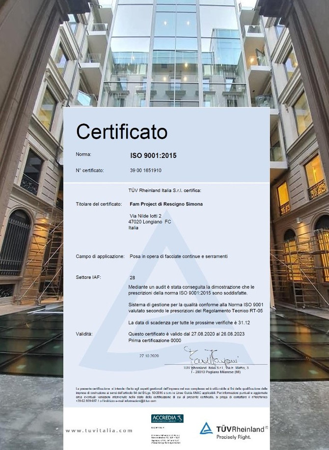 Facciate e serramenti: Fam Project certificata ISO 9001