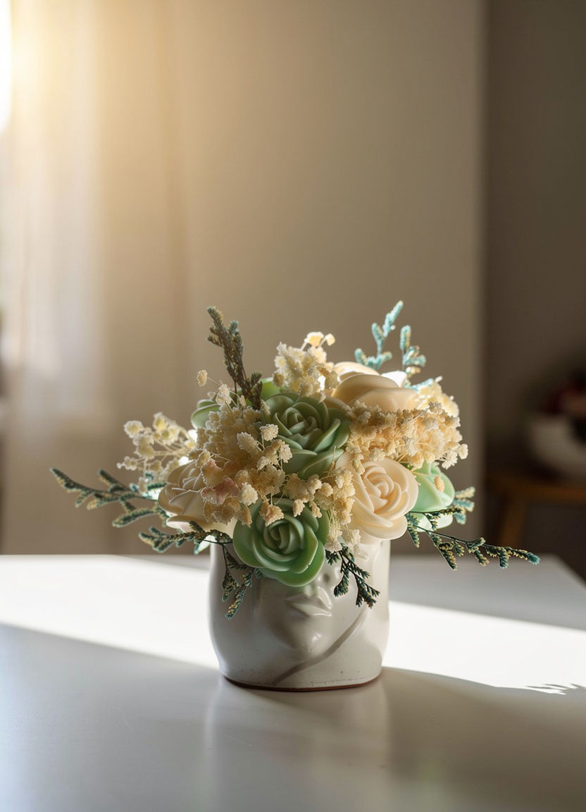 immagine composizione in vaso ceramica rose in cera di soia bianche. e verdi
