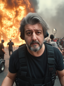 Kulaklık ve taktik yelek takan bir yönetmen, arkasında devasa bir patlama ve film ekibiyle aksiyon sahnesi çekiminde. Yanlarda profesyonel kameralar ve set ekipmanları görülüyor.