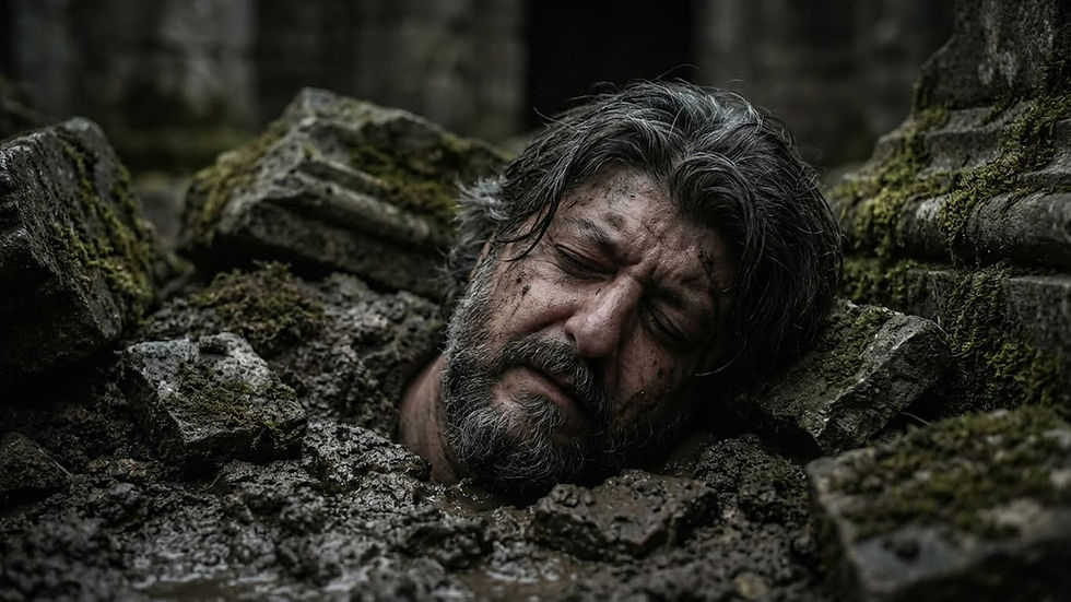 Yüzü çamur ve yaralarla kaplı, sakallı bir adam eski taş kalıntıları arasında yere gömülü şekilde yatıyor. Karanlık ve dramatik atmosferde çekilmiş sinematik bir sahne.