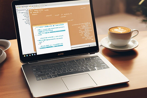 A laptop with codes on it, with a cup of