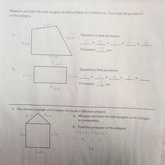 A third grade math worksheet showing students measuring side lengths of polygons in centimeters and calculating their perimeters. The page includes quadrilaterals and a composite shape made from a square and triangle, demonstrating geometry, measurement, and problem-solving skills.