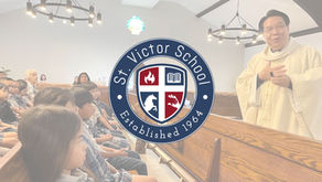 Students from St. Victor School sit in pews during a weekly school Mass as a priest speaks at the front of the church, illustrating how faith and Gospel values are integrated into daily life at this San Jose Catholic school.