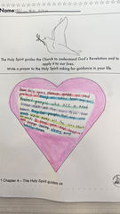 A third grade religion assignment featuring a student-written prayer to the Holy Spirit inside a pink heart. The prayer asks for guidance, protection from evil, healing for those in need, forgiveness of sins, and strength to live a healthy and faithful life.