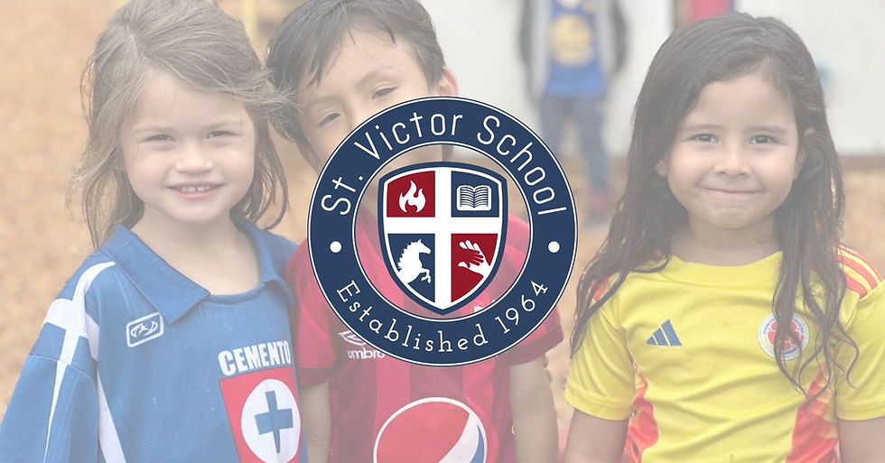 Three St. Victor School students wearing soccer jerseys representing different countries smile together on campus, illustrating global citizenship, cultural awareness, and the World Cup's ability to connect people across backgrounds and traditions.