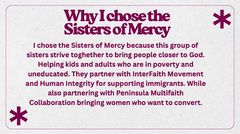 Student-created presentation slide titled “Why I Chose the Sisters of Mercy” explains the order’s mission of serving those in need, supporting immigrants, and helping people grow closer to God as part of a religion research project.