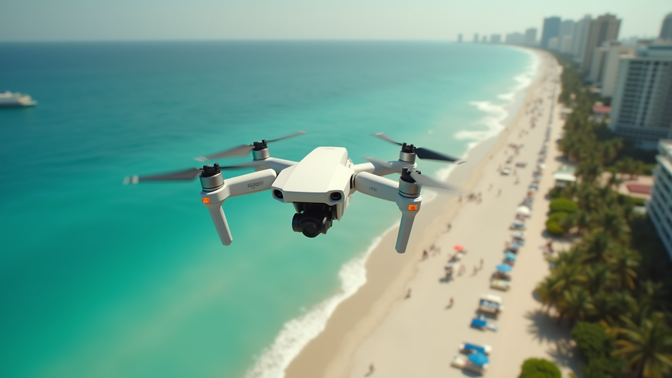 High angle view of a drone flying over Miami beach during a music video shoot