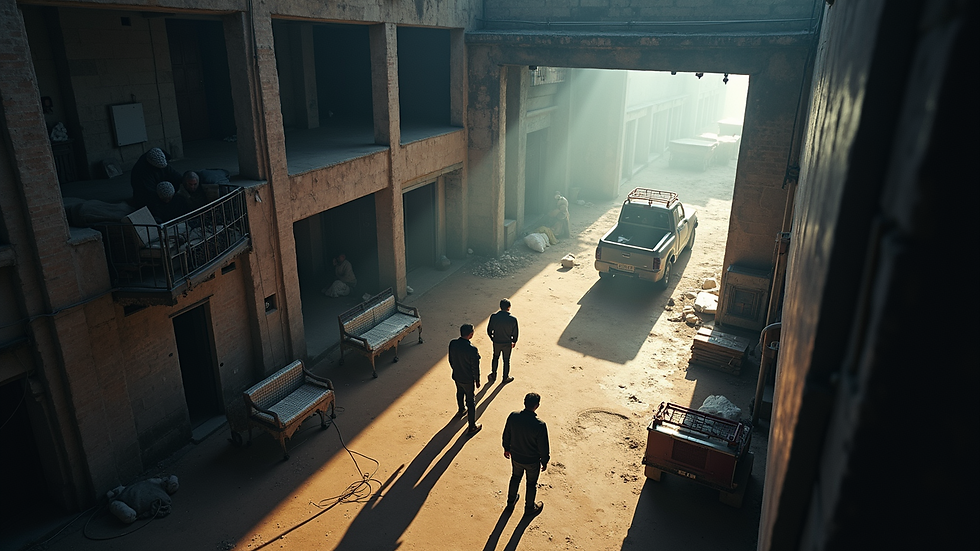 High angle view of a film crew setting up lighting equipment on location