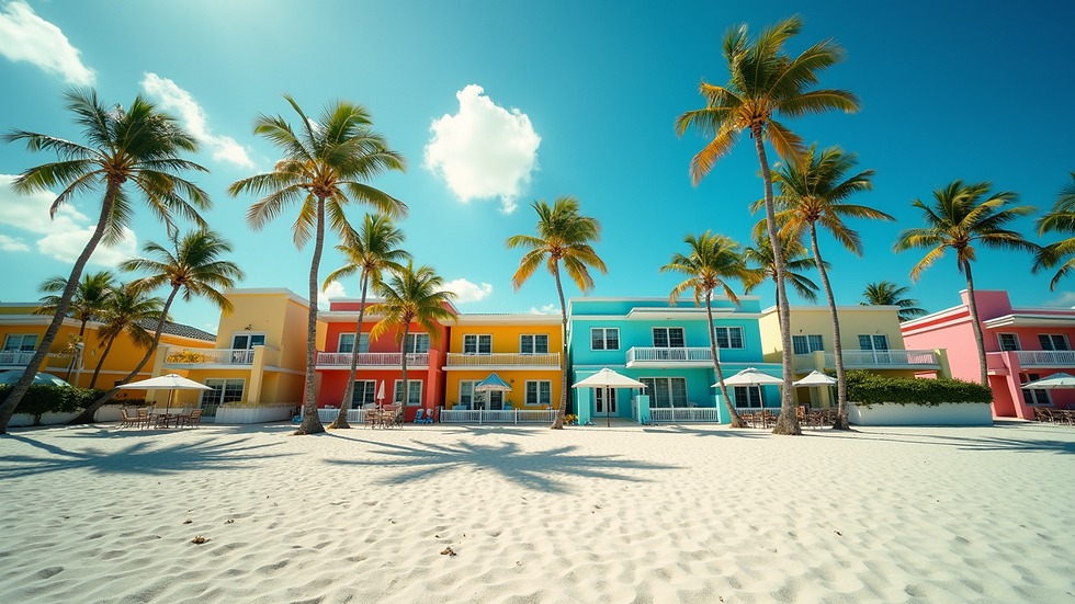 Wide angle view of Miami Beach with colorful buildings and palm trees