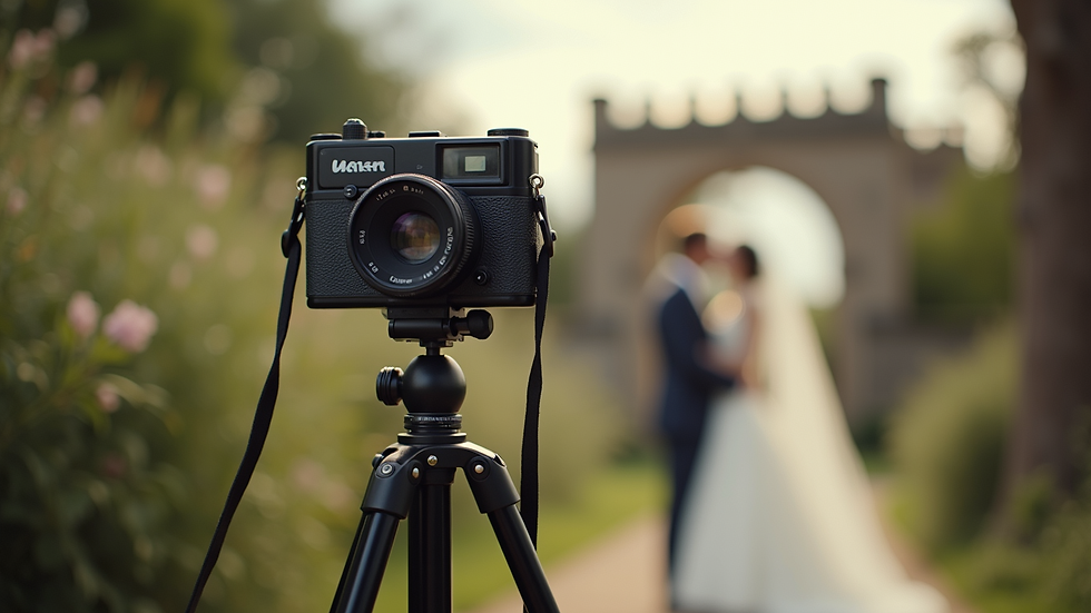 Eye-level view of a vintage film camera on a tripod capturing a wedding scene