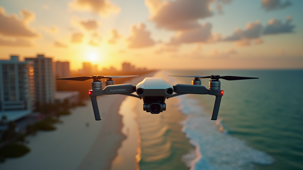 High angle view of a drone filming a Miami beach at sunset