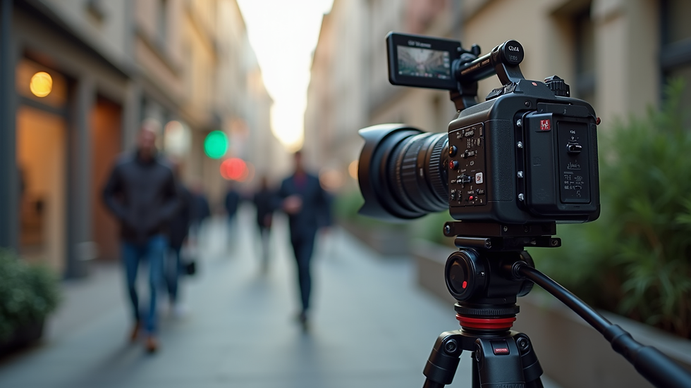 Wide angle view of a professional video camera setup on a tripod