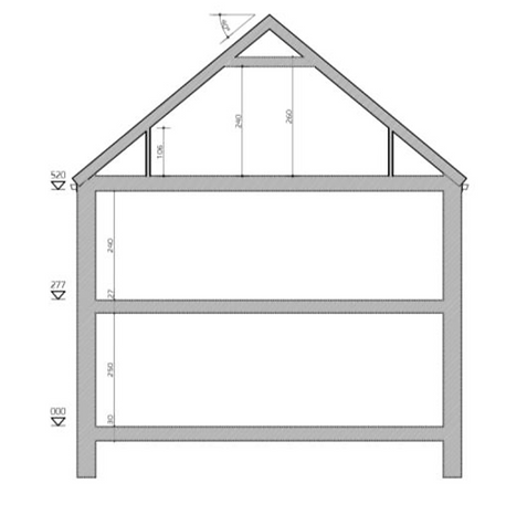Coupe latérale de la maison Aubépine (3 chambres) au projet Les Haillettes à Hannut montrant l'ossature et l'aménagement inté