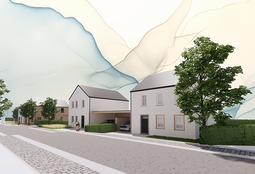 Quartier résidentiel du projet Les Haillettes à Hannut avec trottoirs et verdure