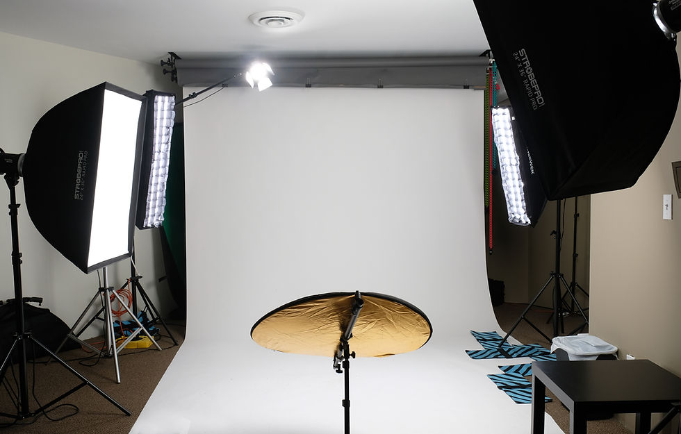 Eye-level view of a professional studio setup with lighting and camera equipment