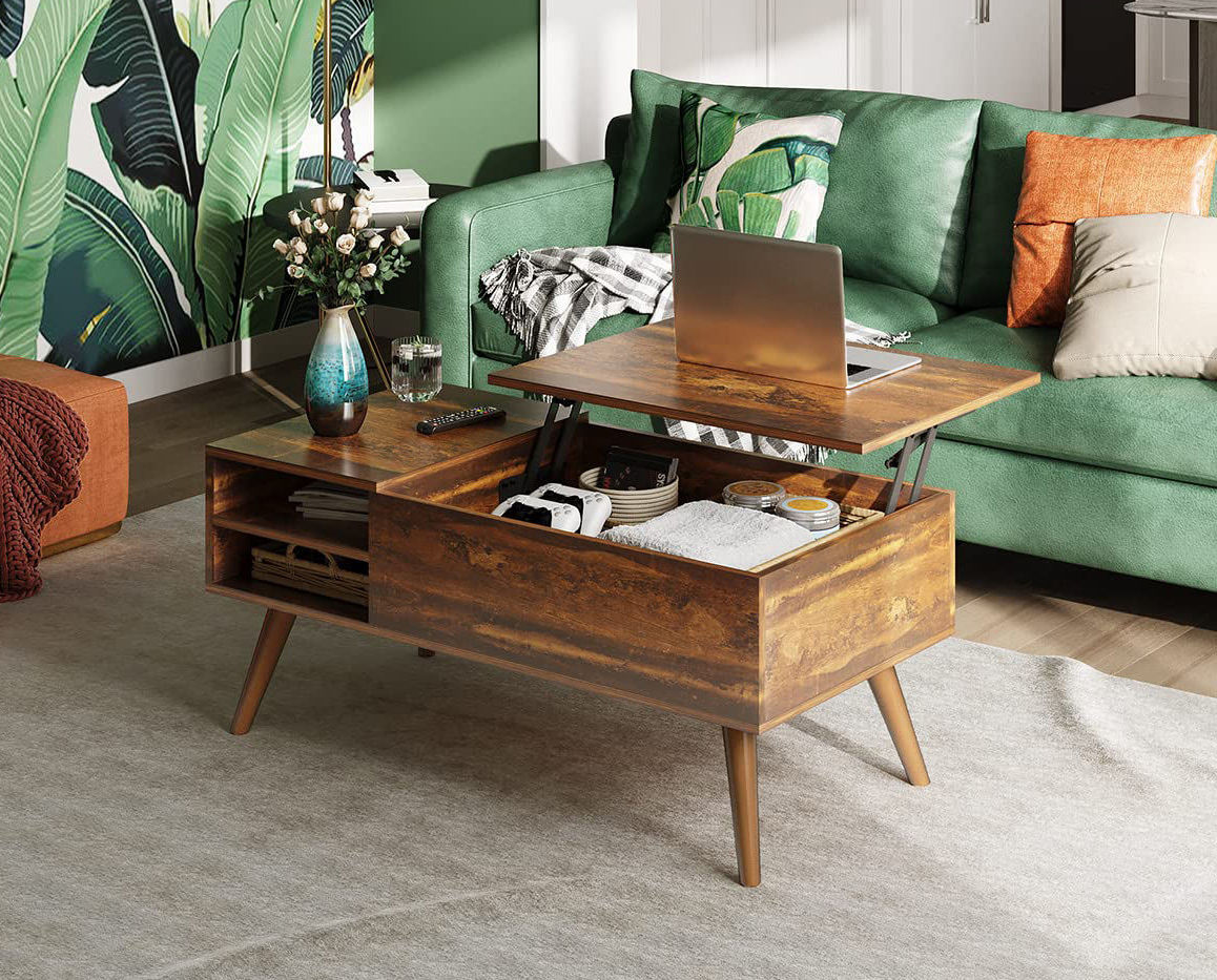 Wood Lift Top Coffee Table With Storage Shelf And Hidden