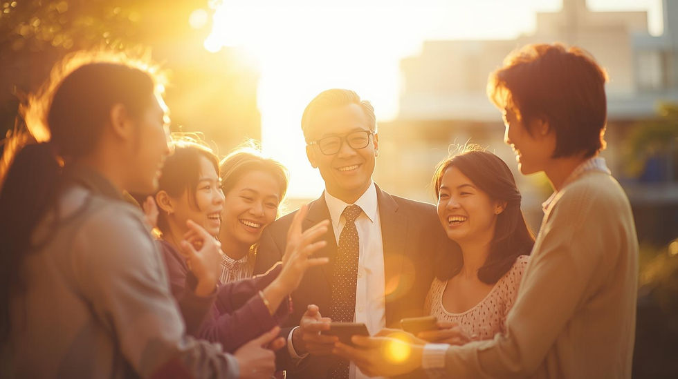 Happy and wellbeing economy image with good future feeling with some Asian business man an