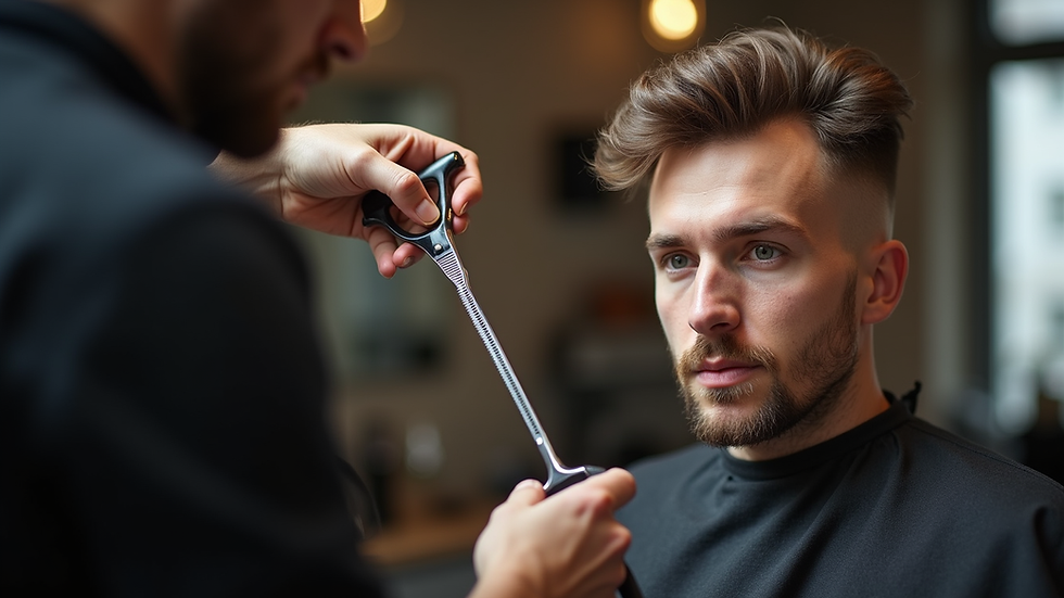 Augenhöhe Ansicht eines Friseurs, der einen klassischen Herrenhaarschnitt schneidet