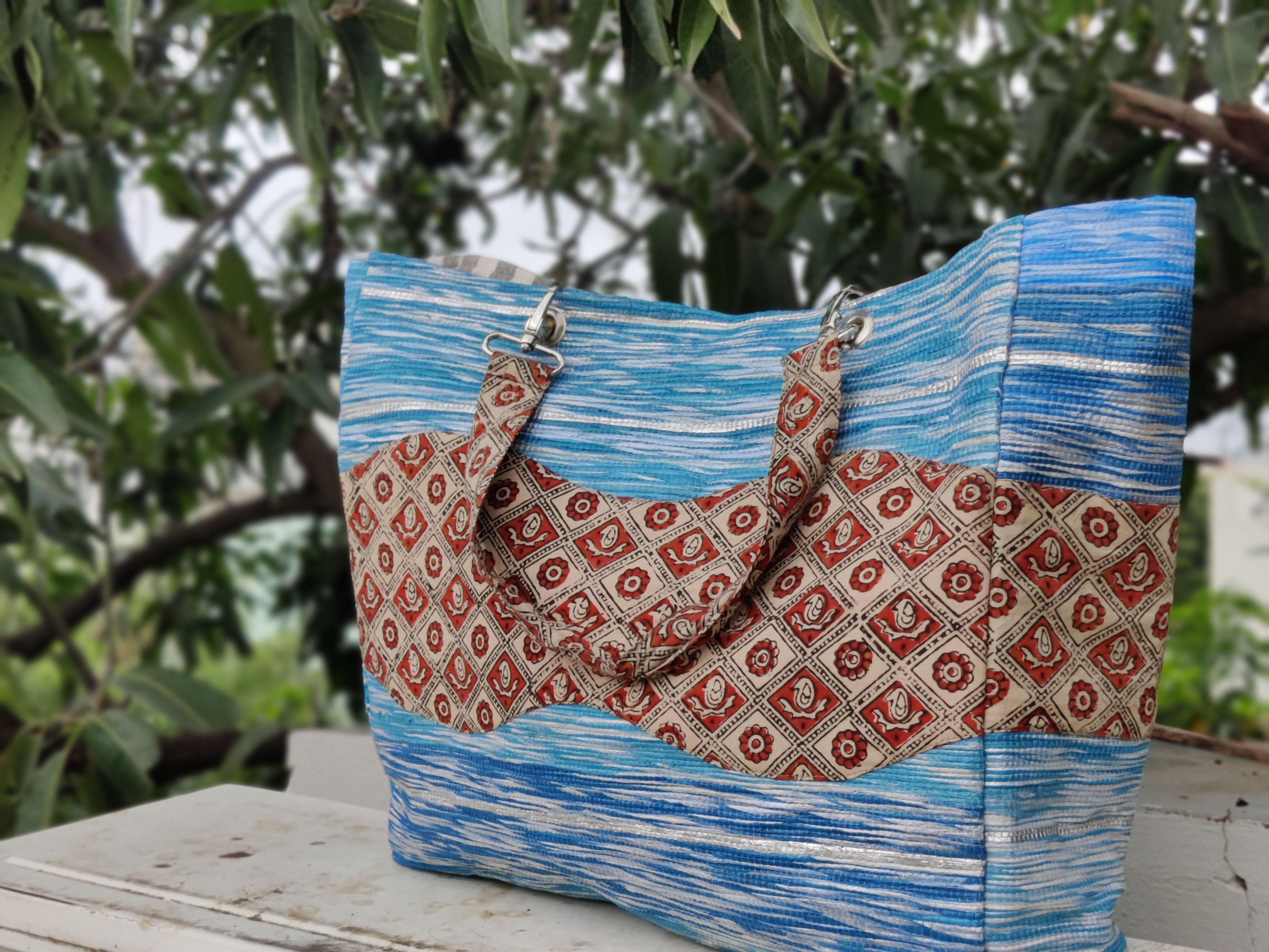Eco-Friendly Blue and White Patterned Tote Bag with Red and brown combo design