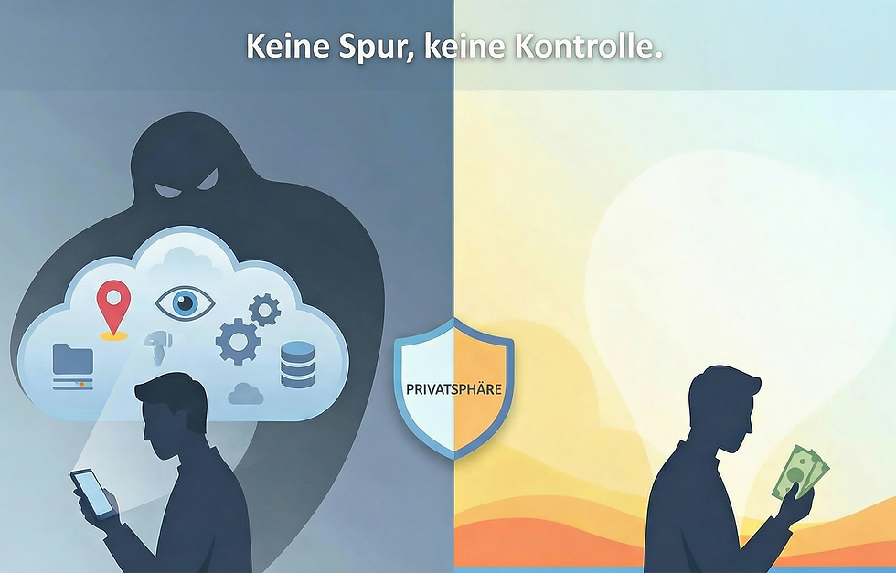 Metaphorische Illustration zum Thema Datenschutz, zweigeteilt durch ein Schutzschild mit der Aufschrift „PRIVATSPHÄRE“. Auf d