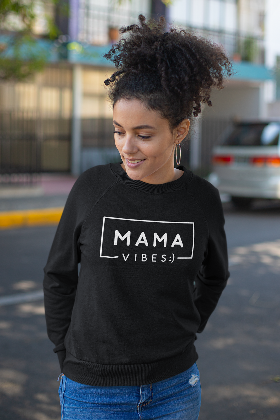Mama Vibes Front Print Long Sleeve Unisex Crewneck Sweatshirt
