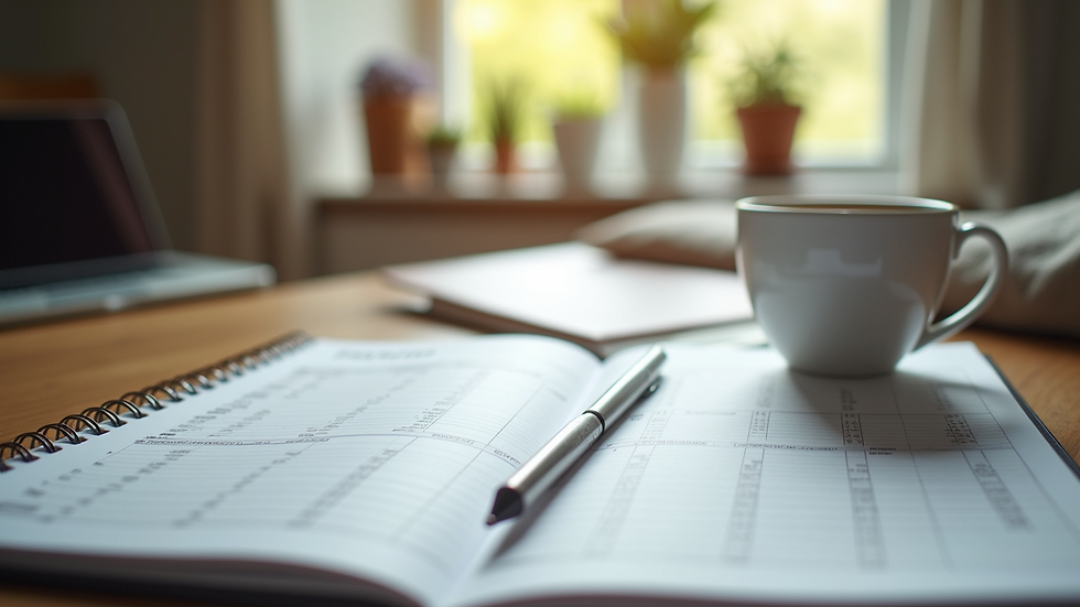 Eye-level view of a cozy home office with a budgeting planner and a cup of coffee