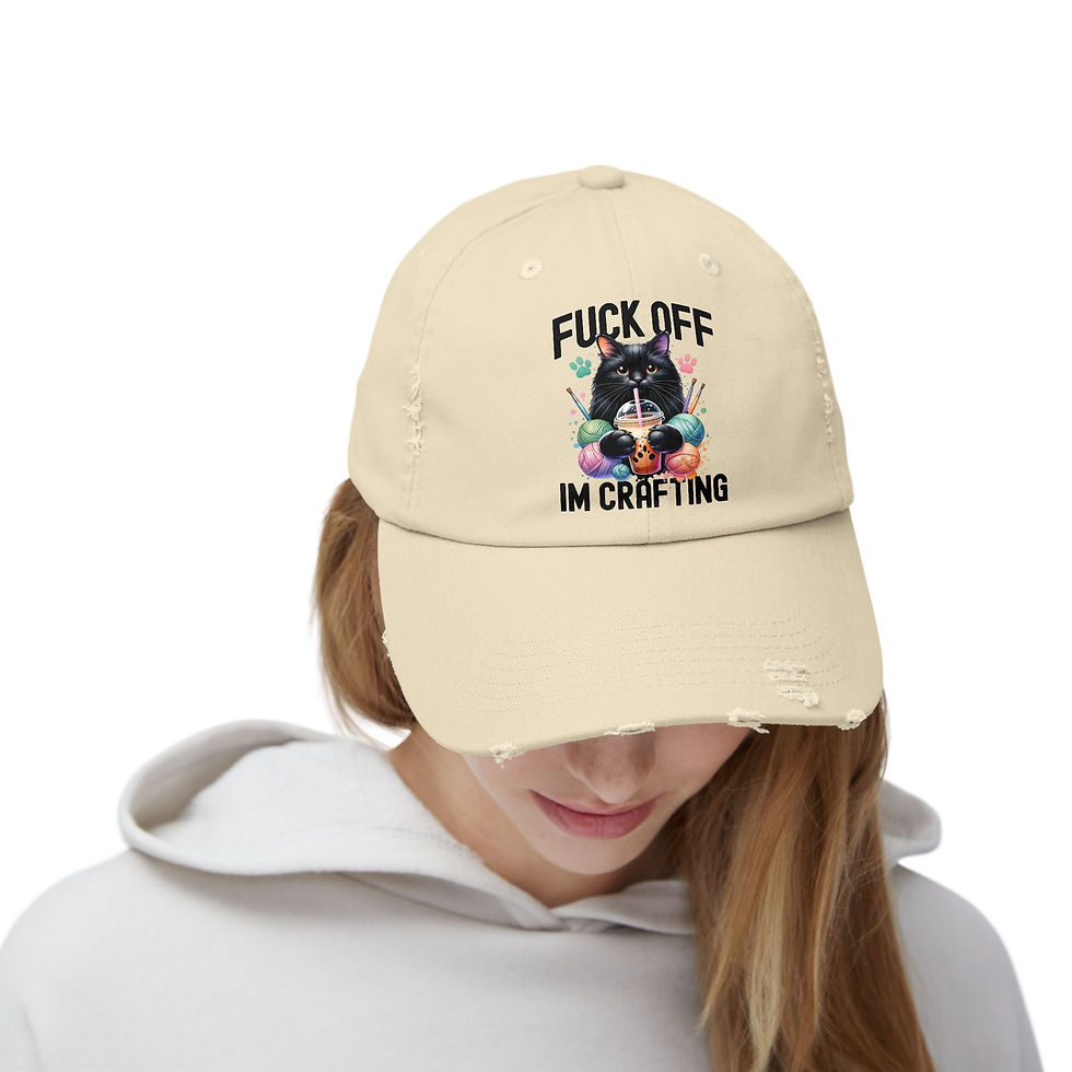 Thumbnail: F*ck Off Im Crafting Cute Cat Print Unisex Distressed Cap