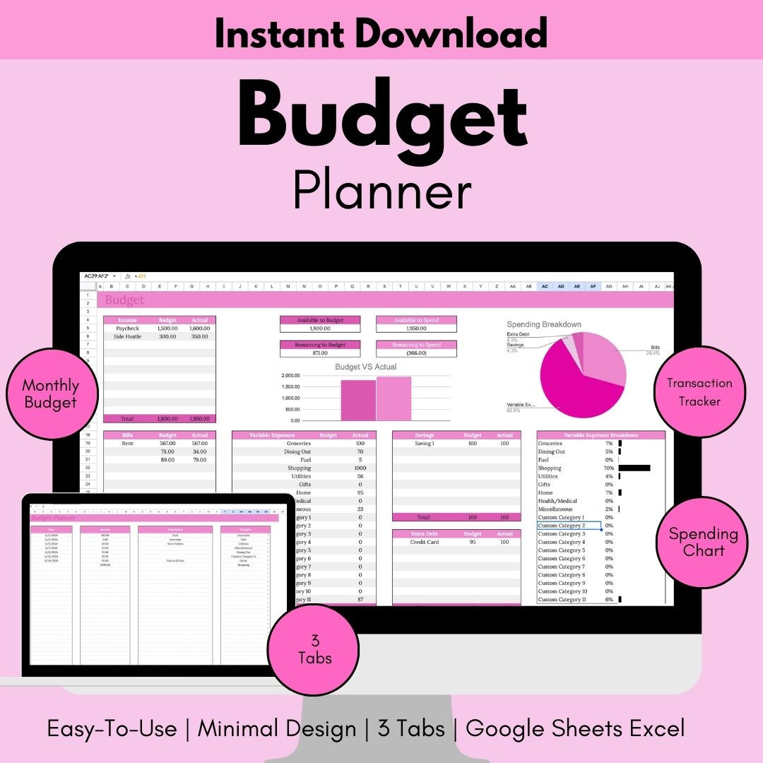 Pink Simple & Effective Google Sheets One Page Monthly Budget Planner | Budeting