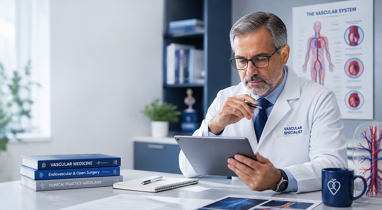 Physician reviewing vascular research materials in a modern clinical office.