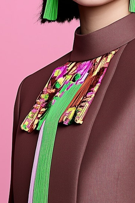 Woman in brown jacket with colorful embellishments and green earrings