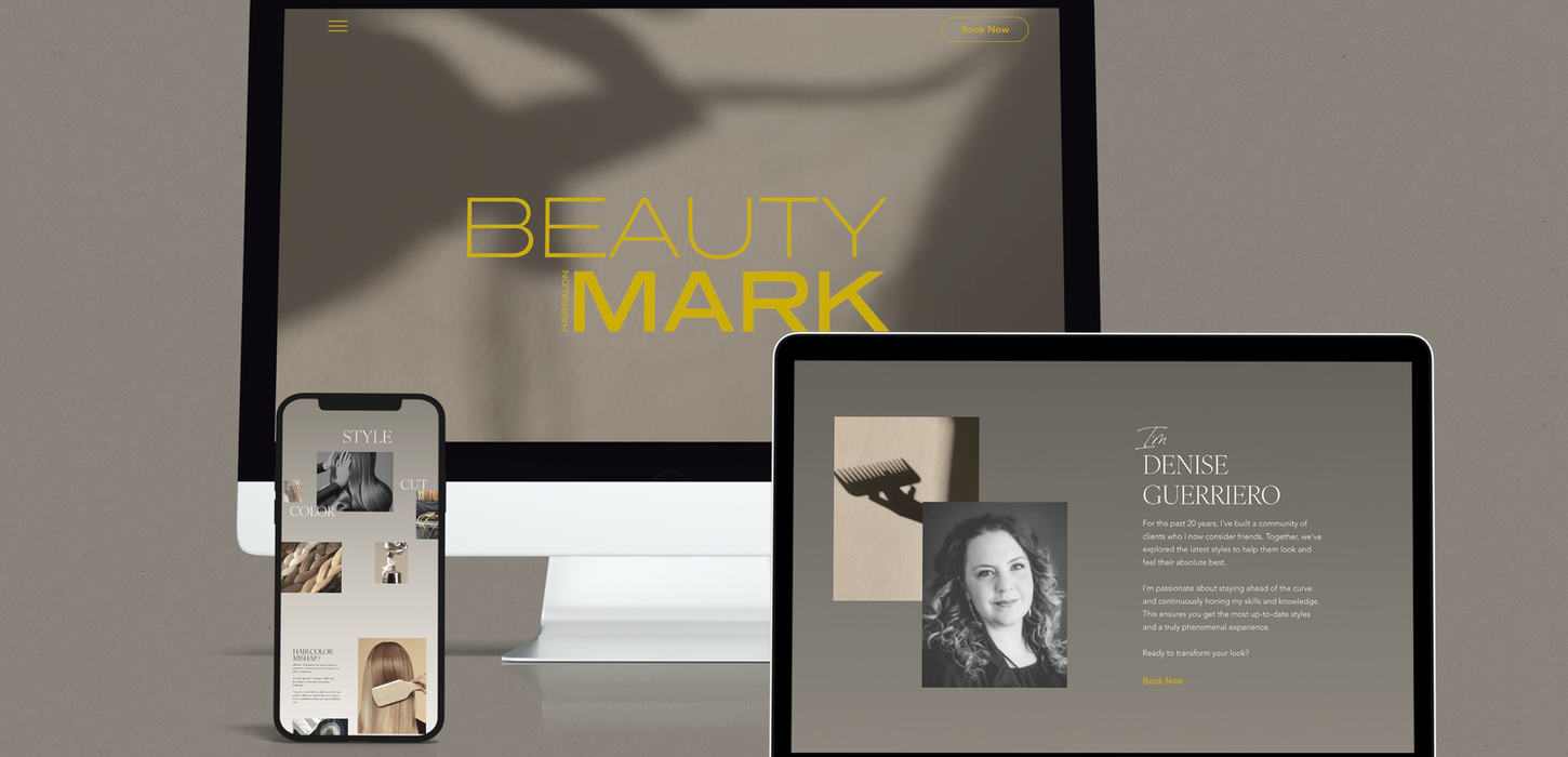 Desktop and mobile website mockups for Beauty Mark, featuring stylist Denise Guerriero