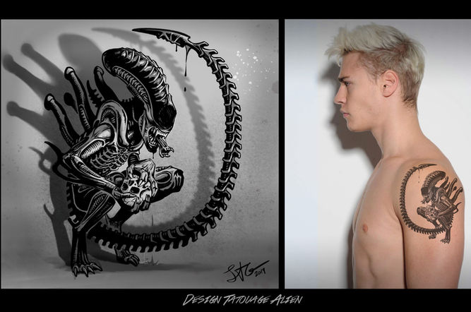 tatouage, design, dessin à l'encre, xenomorph, alien, aliens, alien 3, jako lanterne