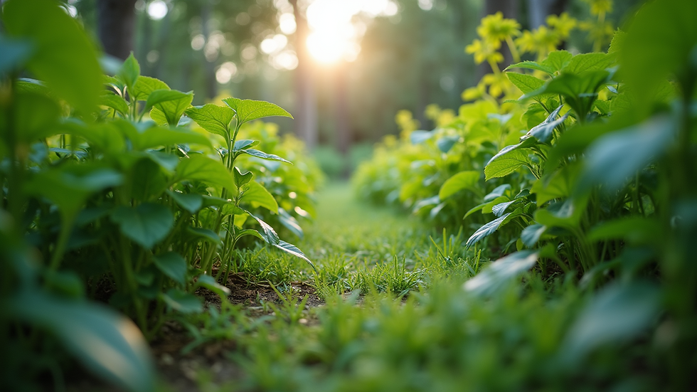 Eye-level view of a lush green garden with diverse plants
