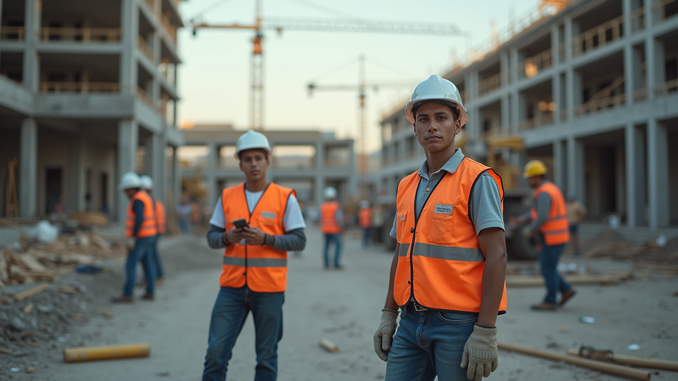 Eye-level view of a construction site with young workers engaged in training