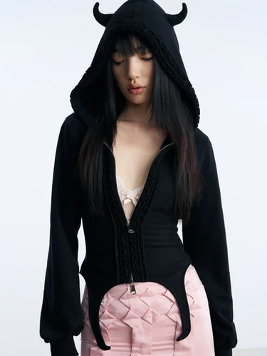 NODRESS / HOODIE JACKET WITH DEVIL HORNS AND CINCHED WAIST / BLACK