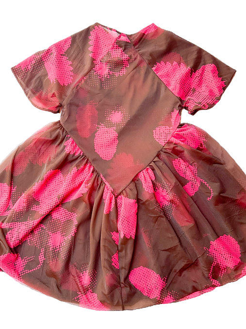 Leeann Huang / LOOP MESH SHEER PRINTED BABYDOLL DRESS / BROWN & PINK