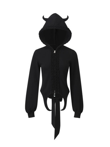 NODRESS / HOODIE JACKET WITH DEVIL HORNS AND CINCHED WAIST / BLACK