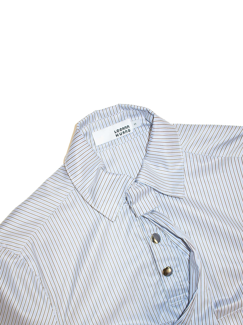 縮圖：Leeann Huang / PINSTRIPE FAUX TIE BLOUSE / BLUE/BROWN