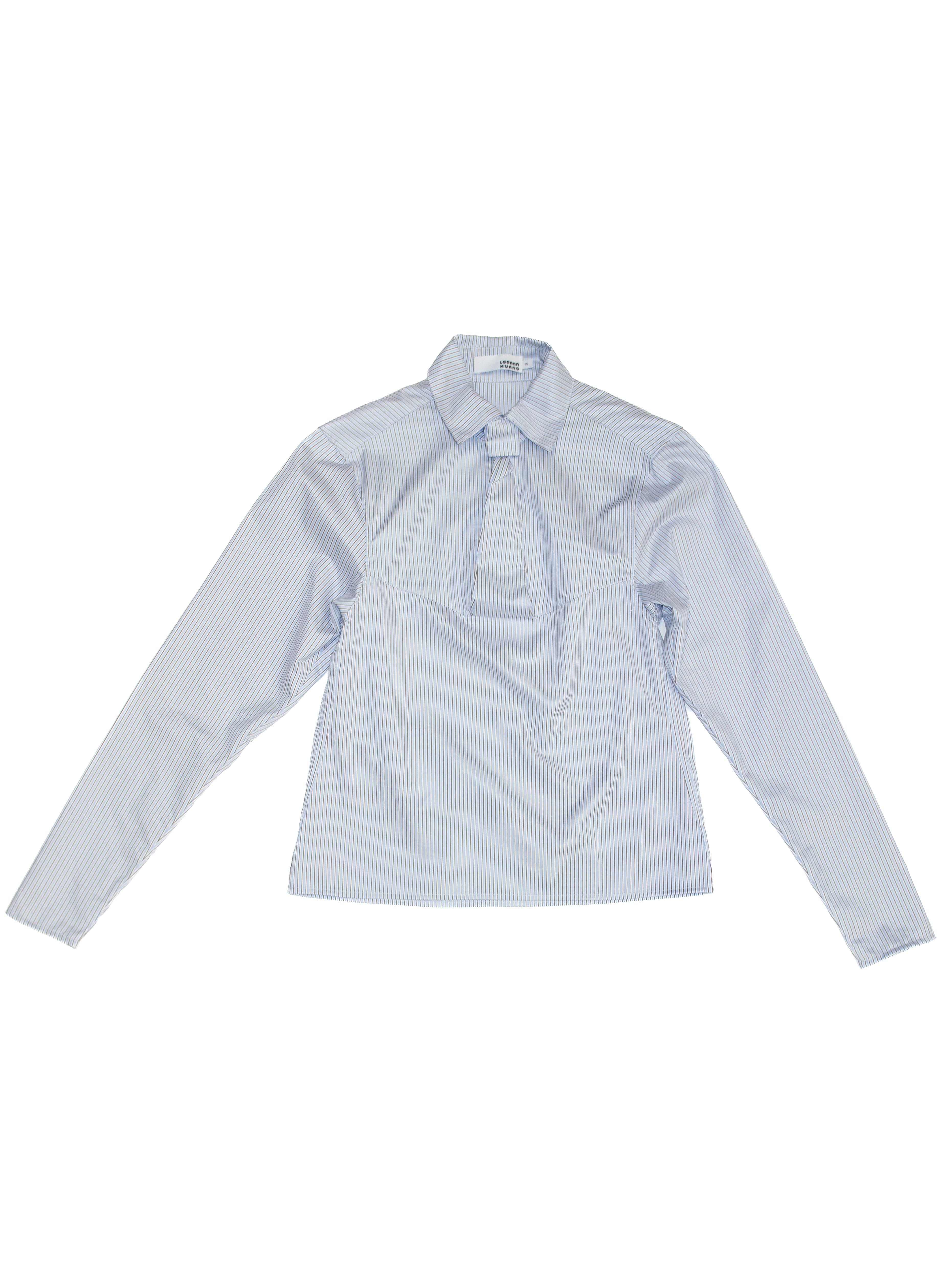 Leeann Huang / PINSTRIPE FAUX TIE BLOUSE / BLUE/BROWN