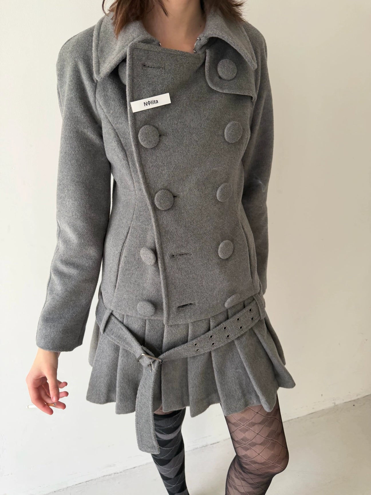 NODRESS / DOUBLE-BREASTED PLEATED HEM WOOL COAT / GRAY