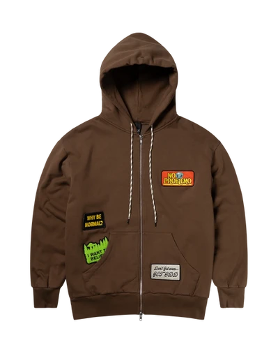 NoProblemo / STICKER ZIP THRU HOODIE / BROWN | THE FOUR-EYED SHOP