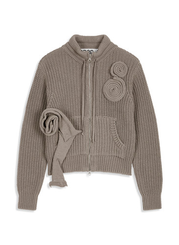 OPEN YY / APPLIQUE KNIT ZIPUP JACKET / KHAKI | THE FOUR-EYED SHOP