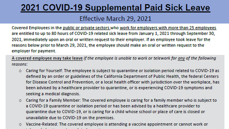 CA州COVID-19 Supplemental Paid Sick Leaveは本日で打ち切り