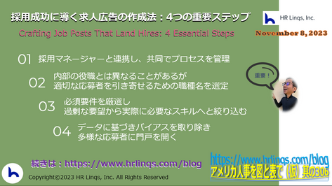 採用成功に導く求人広告の作成法:4つの重要ステップ/Crafting Job Posts That Land Hires : 4 Steps:「アメリカ人事を図と表で(仮)」#アメリカHR