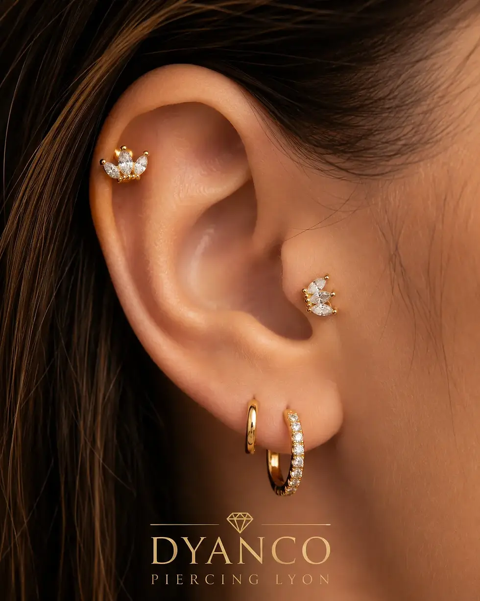 Miniature : Labret doré zircons 3 cristaux sertis 6 mm
