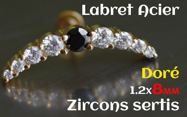 Labret 8 mm doré cristal sertis blanc et noir