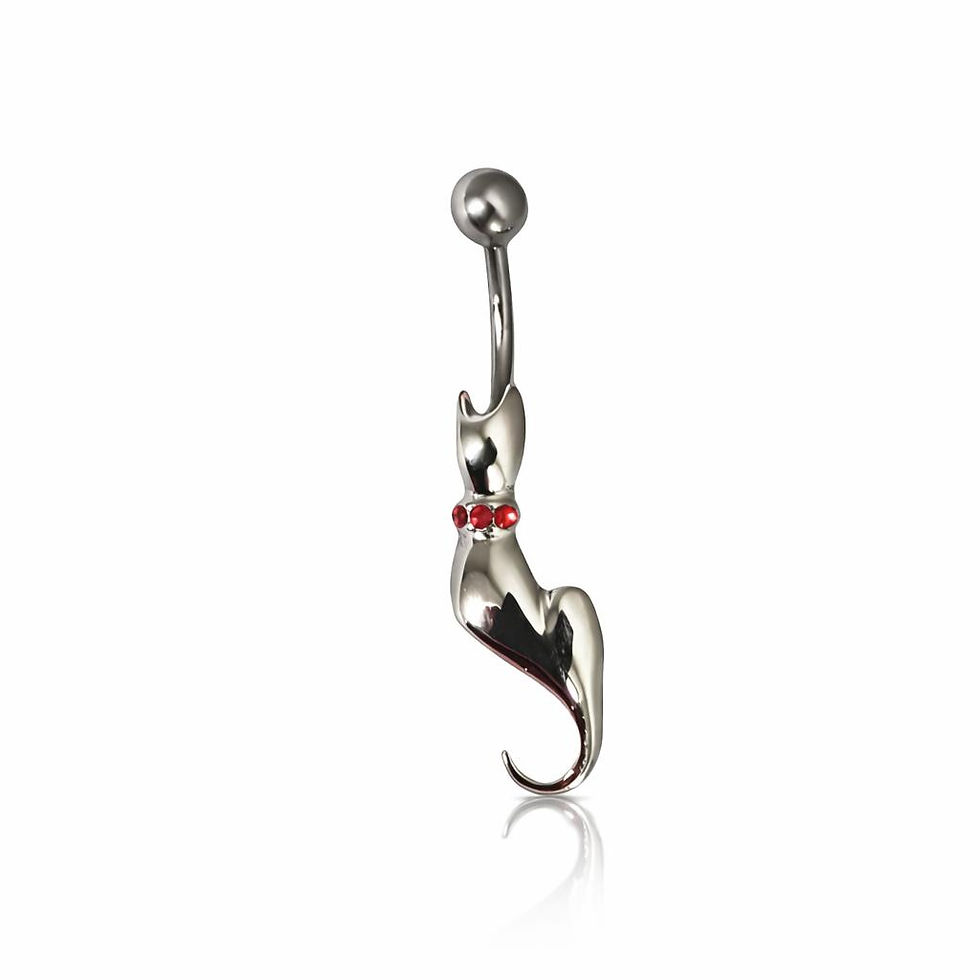 Piercing nombril chat en argent 925 serti de 3 strass rouge